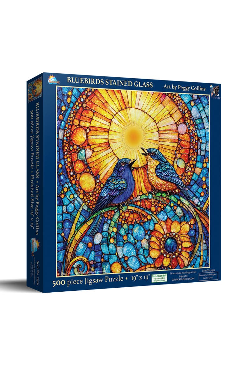 Bluebirds Stained Glass 500 piece Jigsaw Puzzle for Adults, Main, color, Multicolor