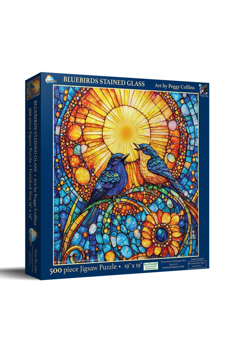 Sunsout Bluebirds Stained Glass 500 piece Jigsaw Puzzle for Adults, Main, color, Multicolor