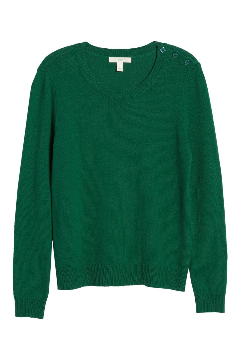 Shoulder Button Cotton & Wool Blend Crewneck Sweater, Alternate, color, GREEN EVERGREEN