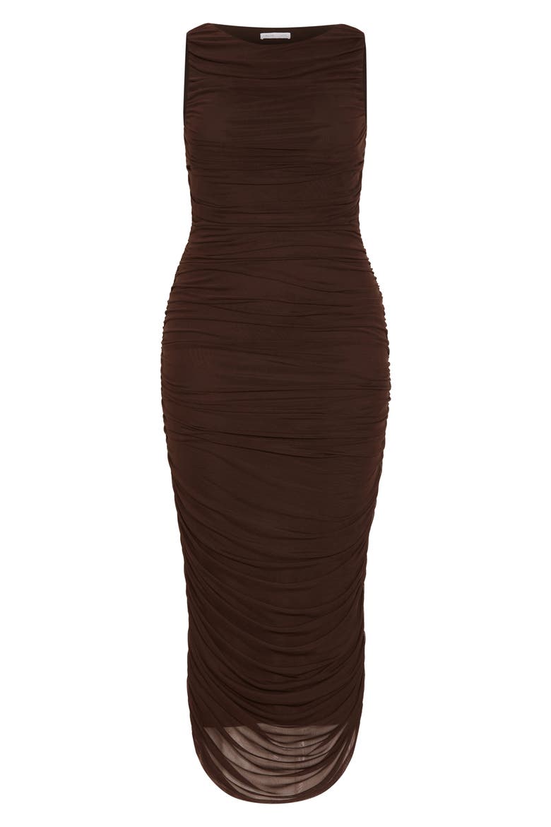 Halo Sleeveless Ruched Mesh Dress, Alternate, color, COCOA