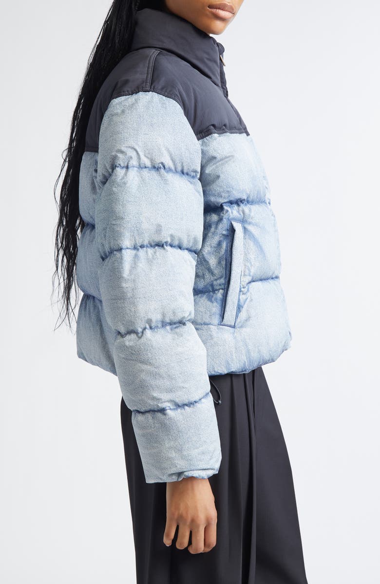 Alexander Wang Denim Print Down Puffer Jacket, Alternate, color, Light Distressed Blue/ Black