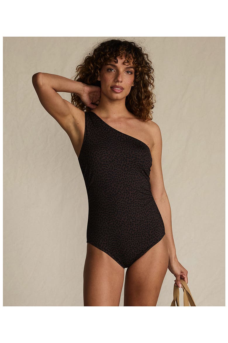 Womens Chlorine Resistant Shirred One Shoulder One Piece Swimsuit Removable Adjustable Strap, Alternate, color, Brown Leopard