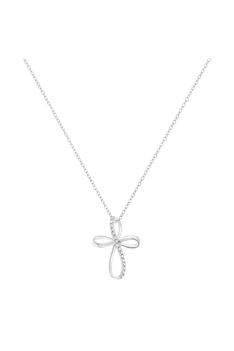 .925 Sterling Silver Diamond Accent Cross Ribbon 18" Pendant Necklace, Alternate, color, White