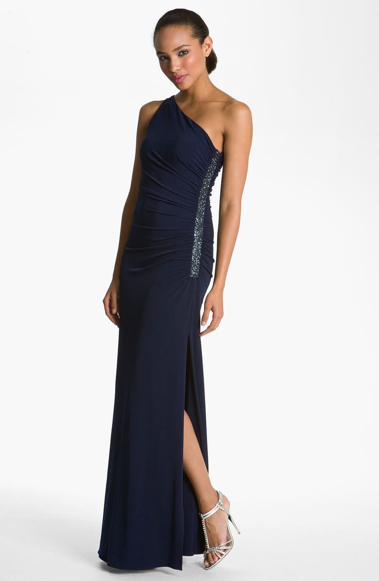 Laundry by Shelli Segal Beaded Panel One-Shoulder Jersey Gown, Main, color, 