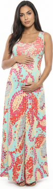 24seven Comfort Apparel Maternity Abstract Scoop Neck Sleeveless A-Line Maxi Dress