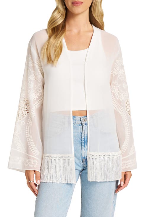 Embroidered Chiffon Top with Fringe Hem