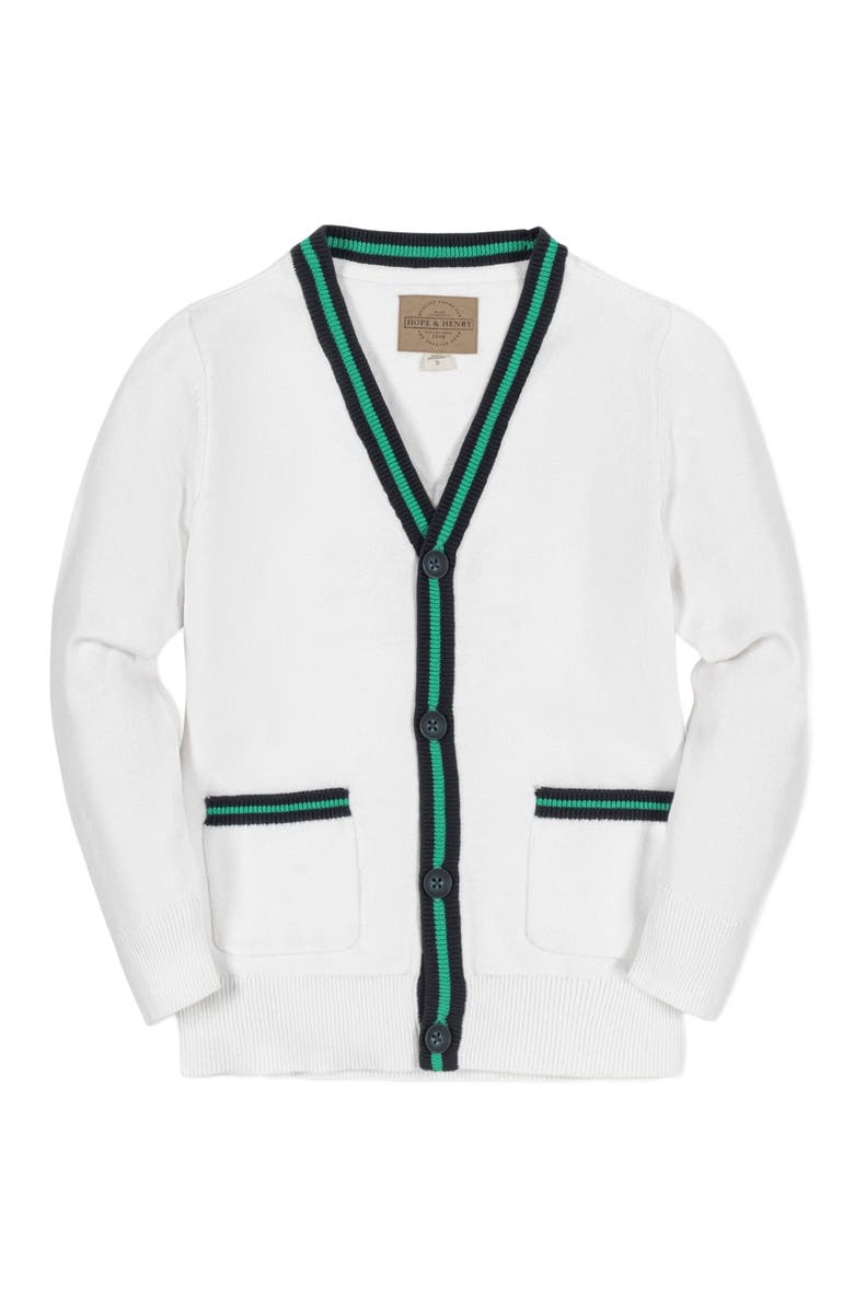 Hope & Henry Boys' Organic Tipped Cardigan, Kids, Main, color, White With Navy And Green