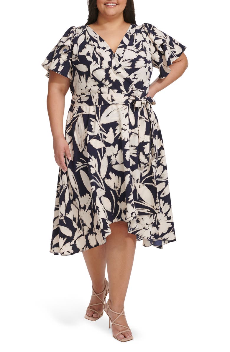 DKNY Double Flutter Sleeve Faux Wrap Dress, Main, color, Spring Navy