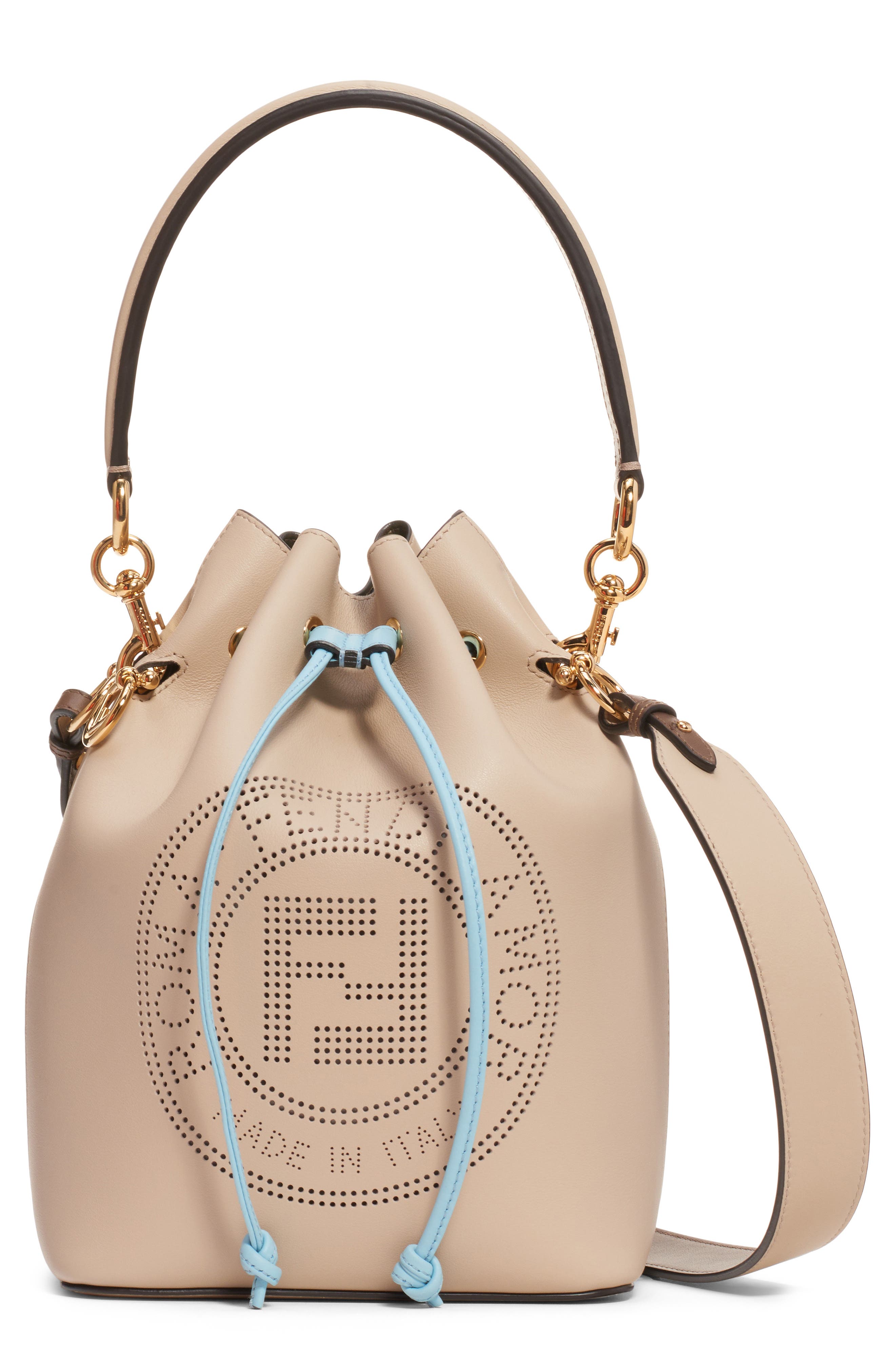 Mon Tresor Perforated Logo Leather Bucket Bag, Main, color, CLOUD/ SOFT GOLD
