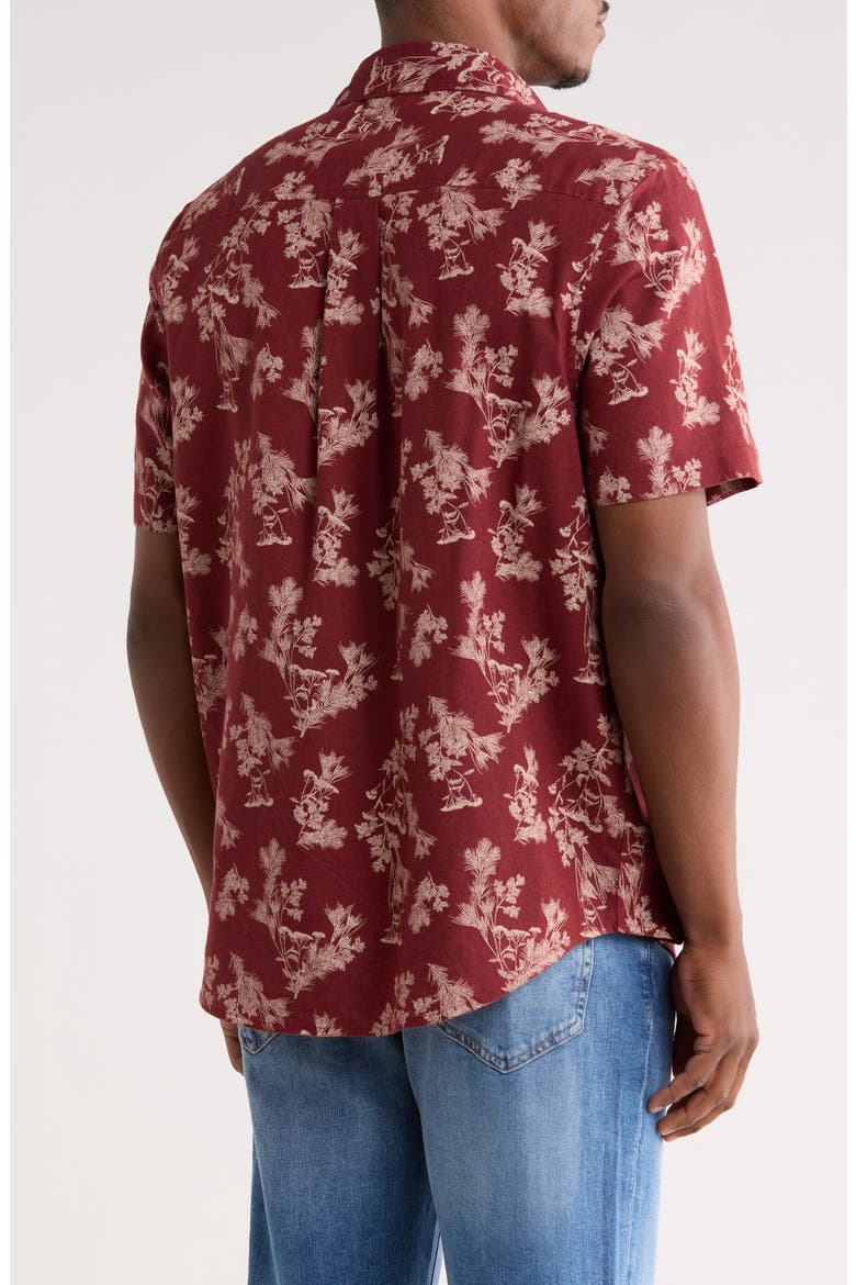 Short Sleeve Button Front Linen Shirt, Alternate, color, BURGUNDY SKETCHED BOUGHS