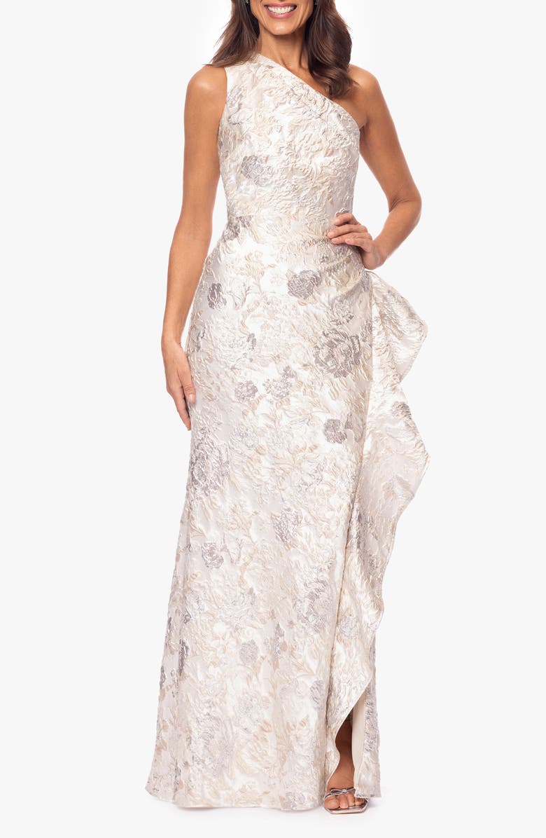 Xscape Evenings Metallic Floral Jacquard One-Shoulder Sheath Gown, Main, color, Champagne