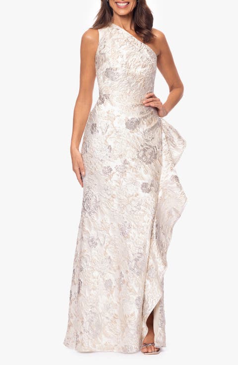 Metallic Floral Jacquard One-Shoulder Sheath Gown
