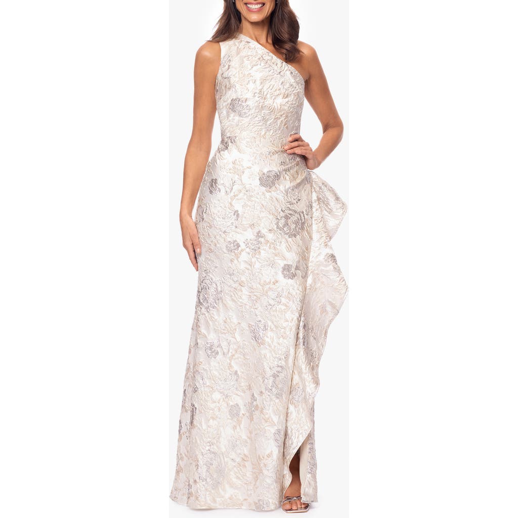 Xscape Evenings Metallic Floral Jacquard One-shoulder Sheath Gown In Champagne