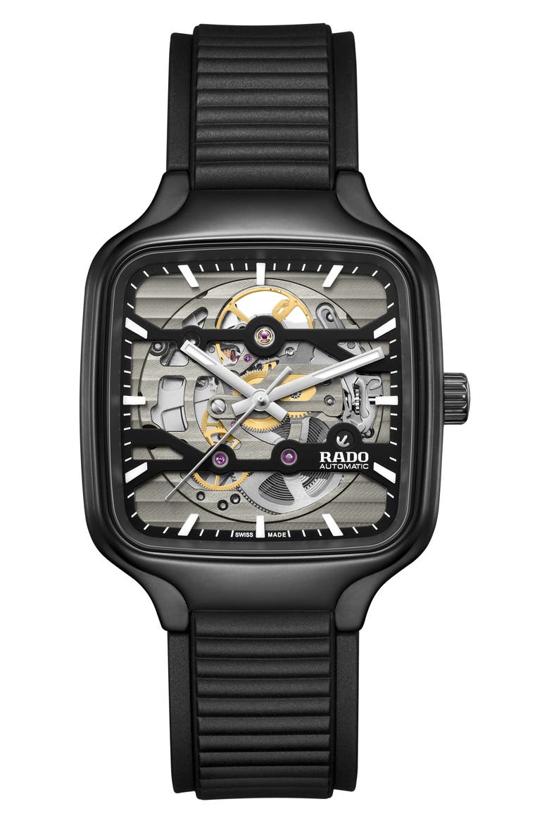 True Square Skeleton Automatic Rubber Strap Watch, 38mm, Main, color, BLACK