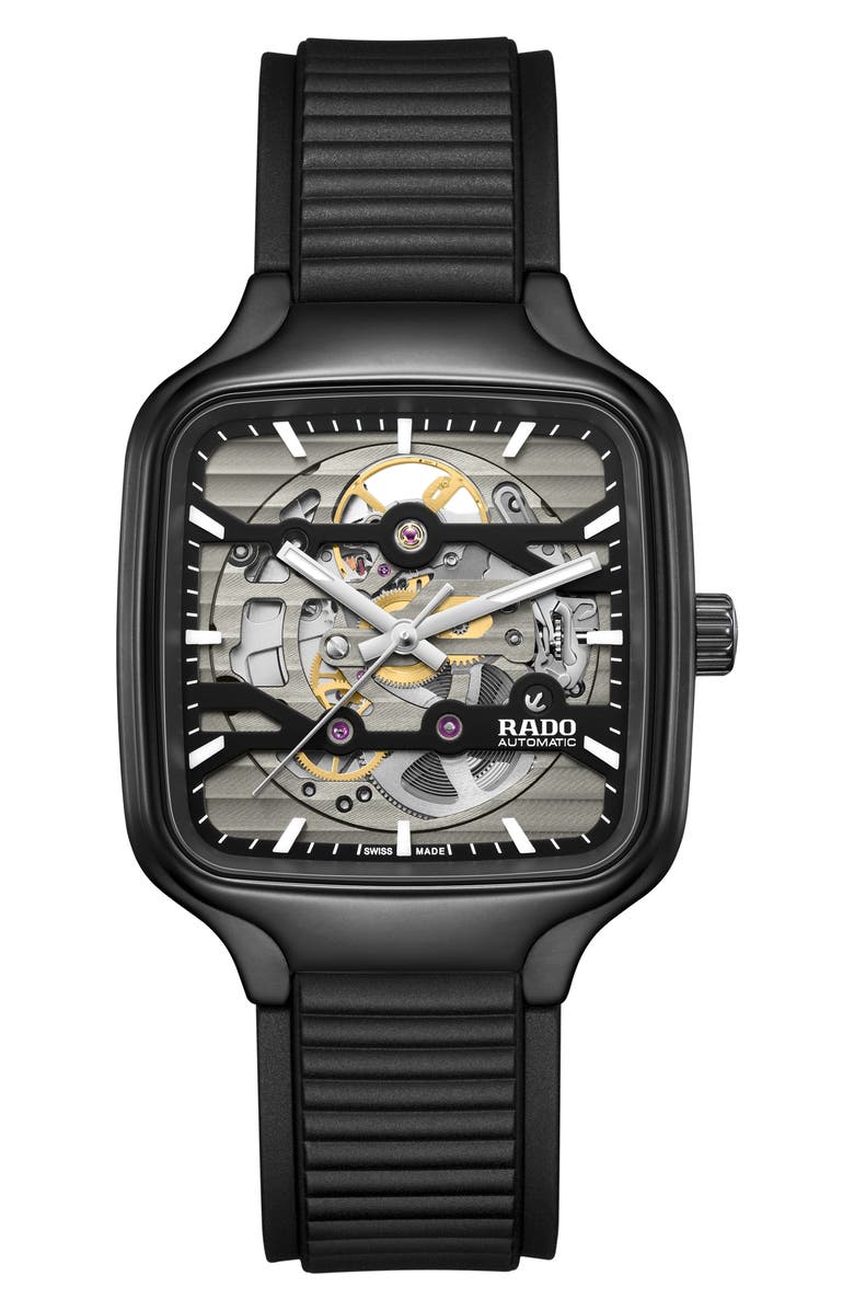 RADO True Square Skeleton Automatic Rubber Strap Watch, 38mm, Main, color, Black