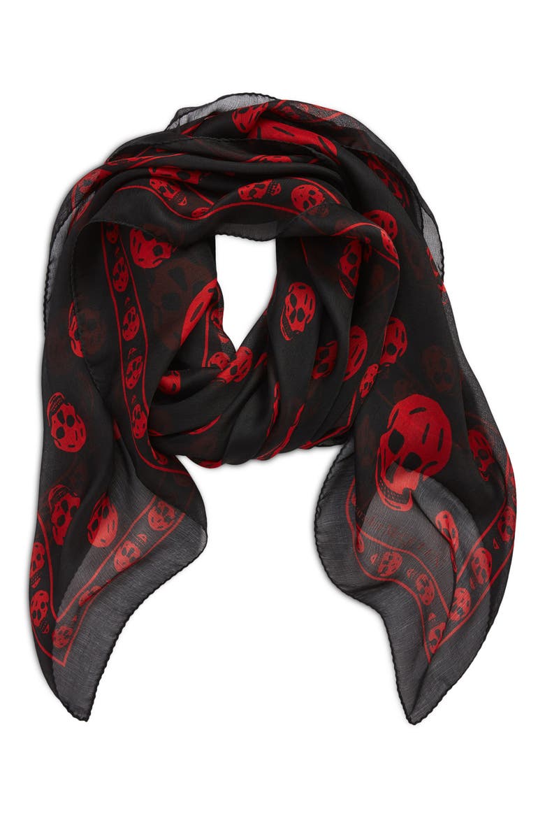 Alexander McQueen Skull Silk Scarf, Main, color, BLACK/ RED