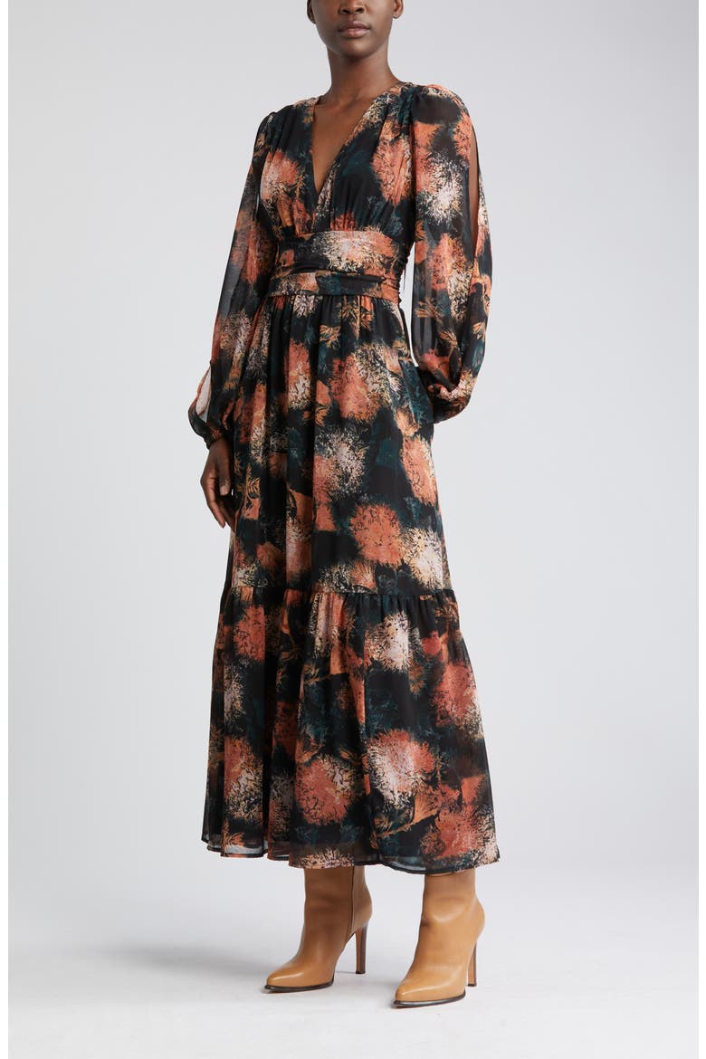Split Long Sleeve Tiered Dress, Alternate, color, BLACK- RED WILLOW DRIFT