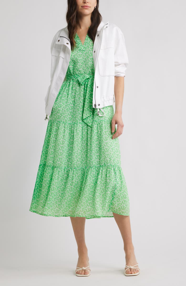 Caslon<sup>®</sup> Print Ruffle Sleeve Tie Waist Midi Dress, Alternate, color, Green- White Sunburst Geo