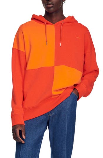 Sandro Square Colorblock Cotton Hoodie In Orange