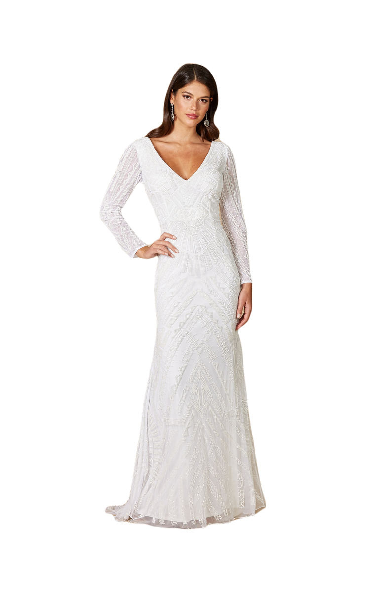LARA New York Gretchen V-Neck Long Sleeve Wedding Dress, Main, color, Ivory