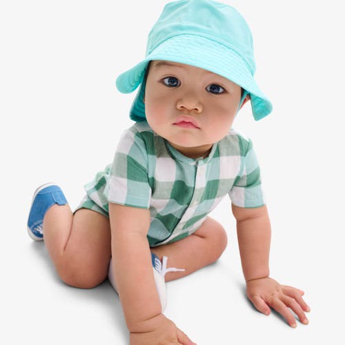 Primary Baby Henley Picnic Shortie In Gingham In Chive Sunwashed Teal Gingham