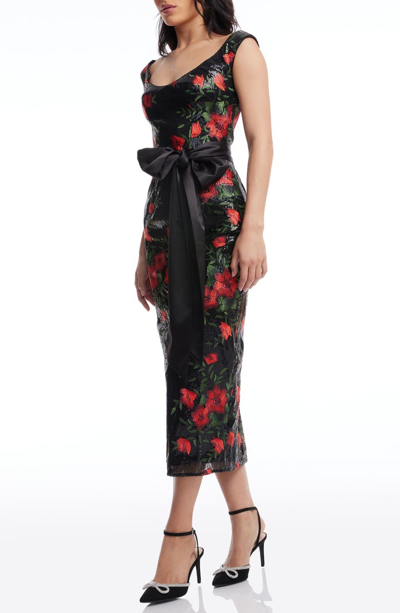 Dress the Population Dottie Floral Jacquard Sequin Midi Cocktail Dress, Alternate, color,