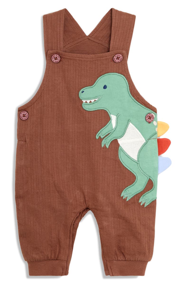 JOJO MAMAN BEBE Stripe Cotton T-Shirt & T-Rex Appliqué Overalls Set, Alternate, color, Brown