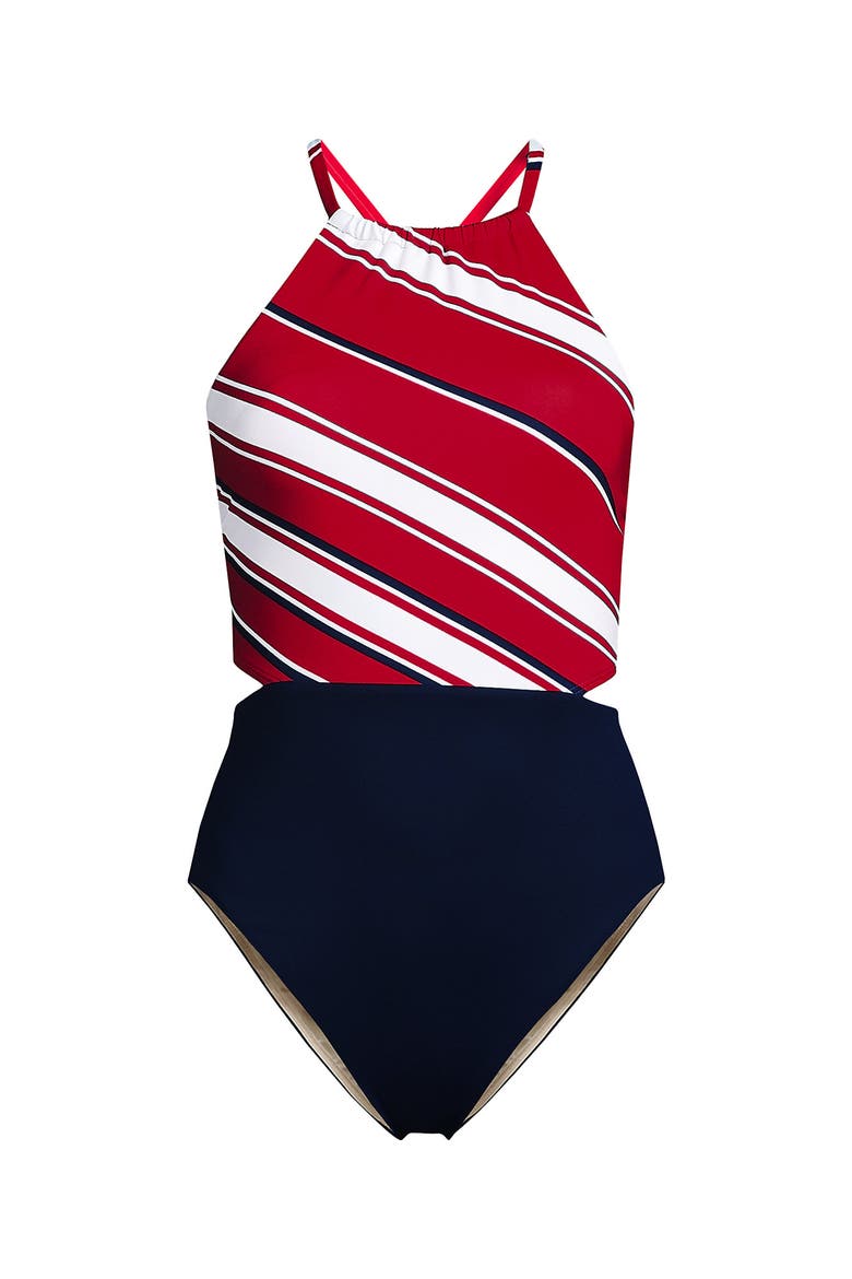 High Neck Monokini High Leg One Piece Swimsuit, Alternate, color, Red Diagonal Stripe/Navy