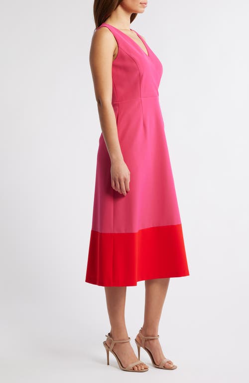 Anne Klein Colorblocked Midi Dress In Fuchsia Rose/poppy