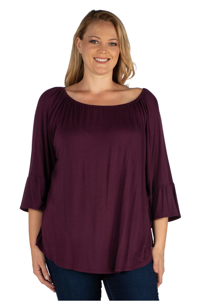 24seven Comfort Apparel Plus Size Bell Sleeve Loose Fit  Tunic Top, Main, color, Plum