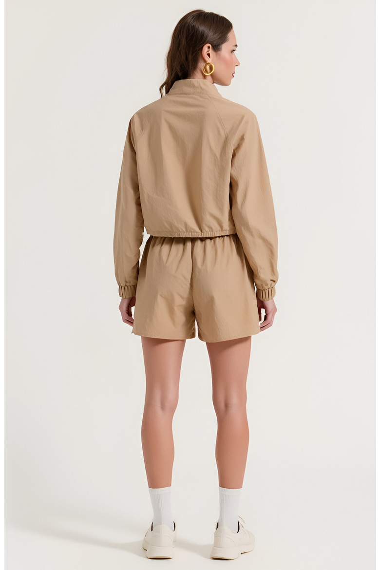 Cropped Zip Front Jacket and High Waist Drawstring Shorts Set, Alternate, color, Tan