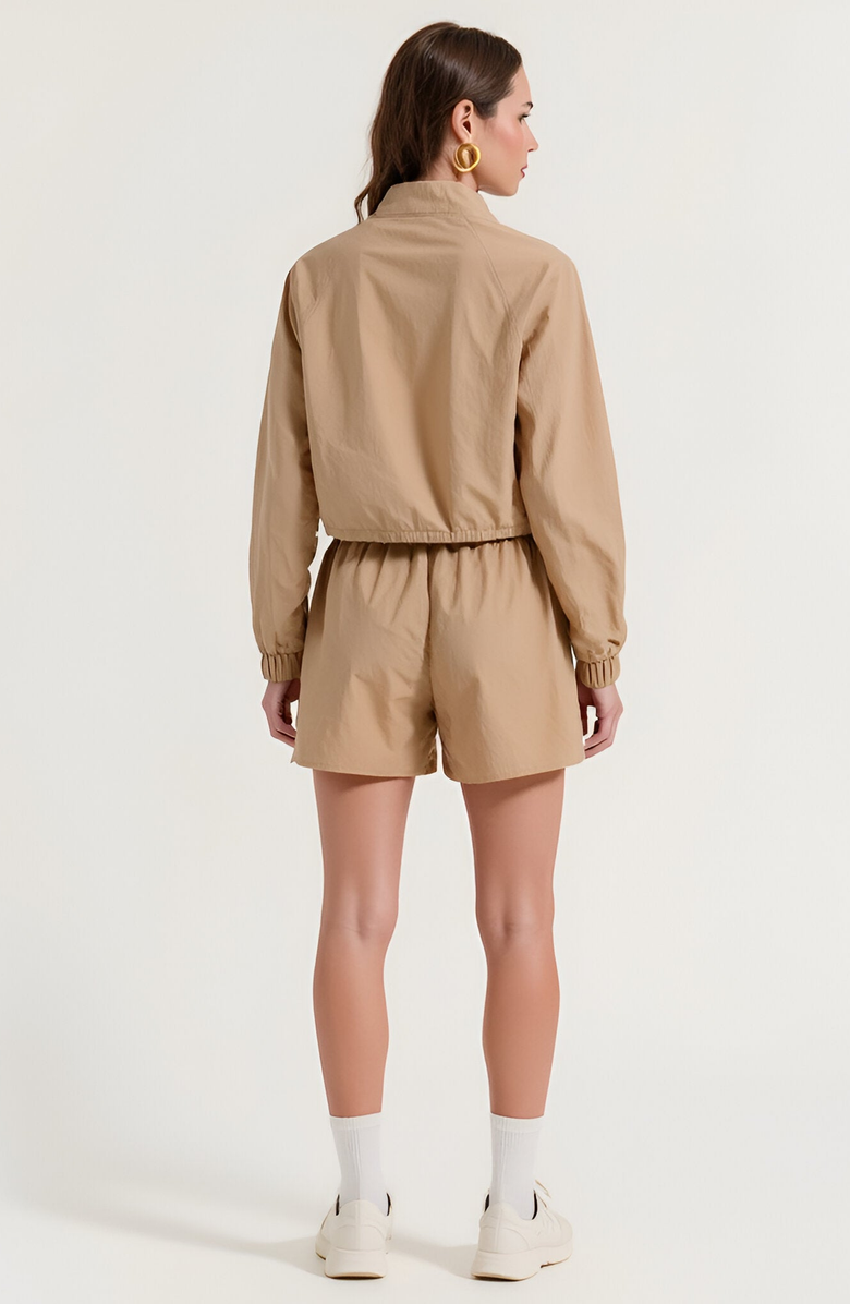 Modenaire Cropped Zip Front Jacket and High Waist Drawstring Shorts Set, Alternate, color, Tan