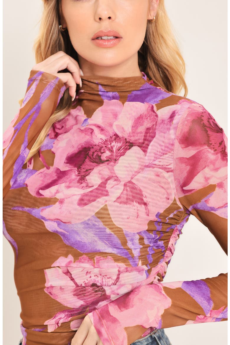 Mesh Mock Neck Top, Alternate, color, BROWN PINK MULTI