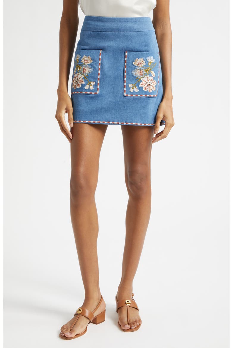 Pallas Embroidered Pocket Detail Stretch Cotton Skirt, Main, color, SEA GLARE