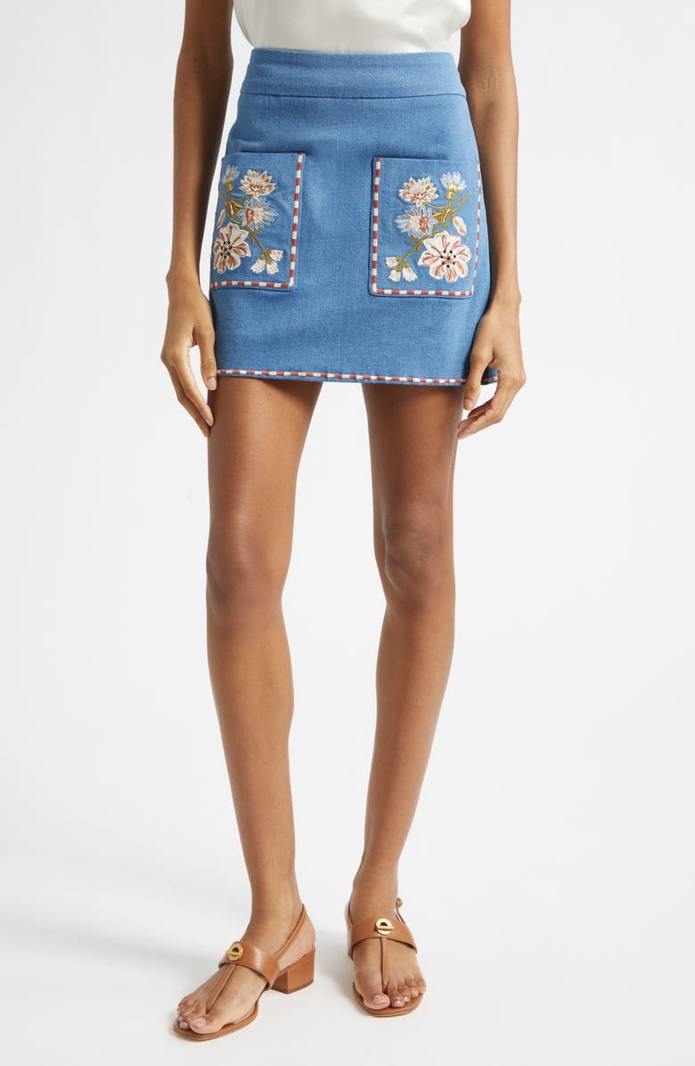 Veronica Beard Pallas Embroidered Pocket Detail Stretch Cotton Skirt, Main, color, Sea Glare