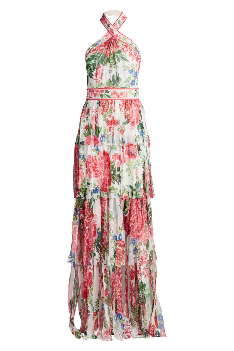 Floral Print Twist Tiered Halter Gown, Alternate, color, WHITE/ FUCHSIA FLORAL