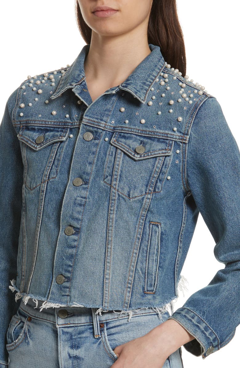 GRLFRND Eve Faux Pearl & Crystal Embellished Crop Denim Jacket, Alternate, color,