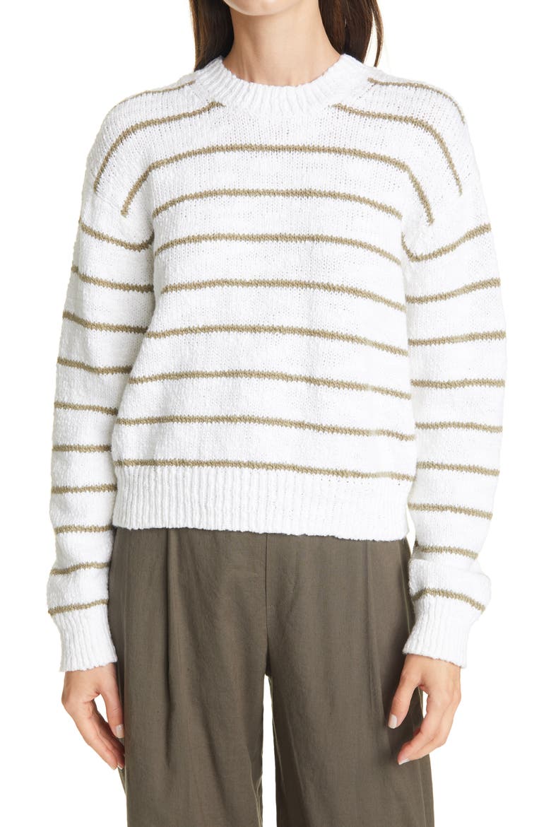 Stripe Crewneck Sweater, Main, color, OPTIC WHITE/ BAY LEAF
