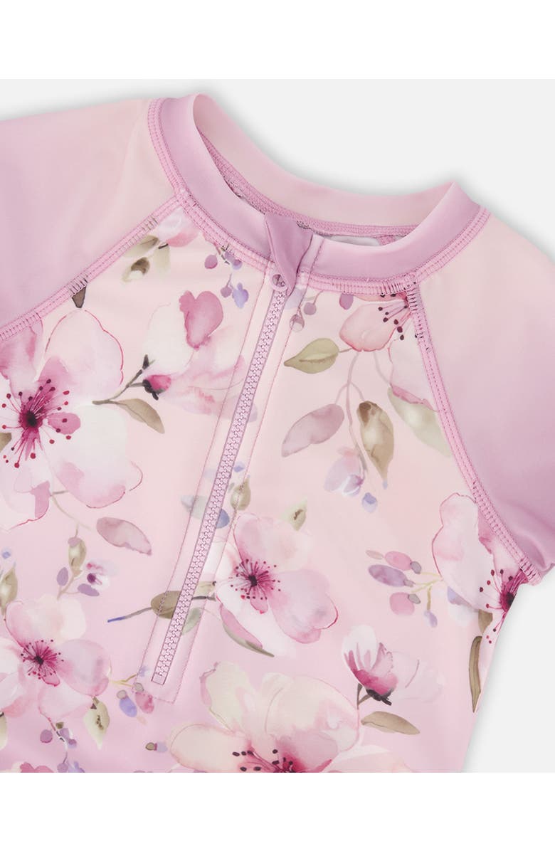 Deux par Deux One-Piece Short Sleeve Flower Swimsuit, Alternate, color, Purple Flower Print