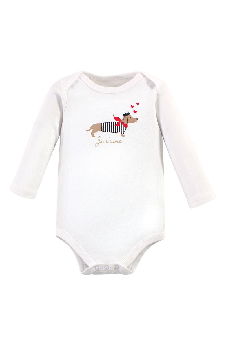 Hudson Baby Essential All-Cotton Long-Sleeve Bodysuit Triple Pack, Alternate, color, Bonjour Dachshund