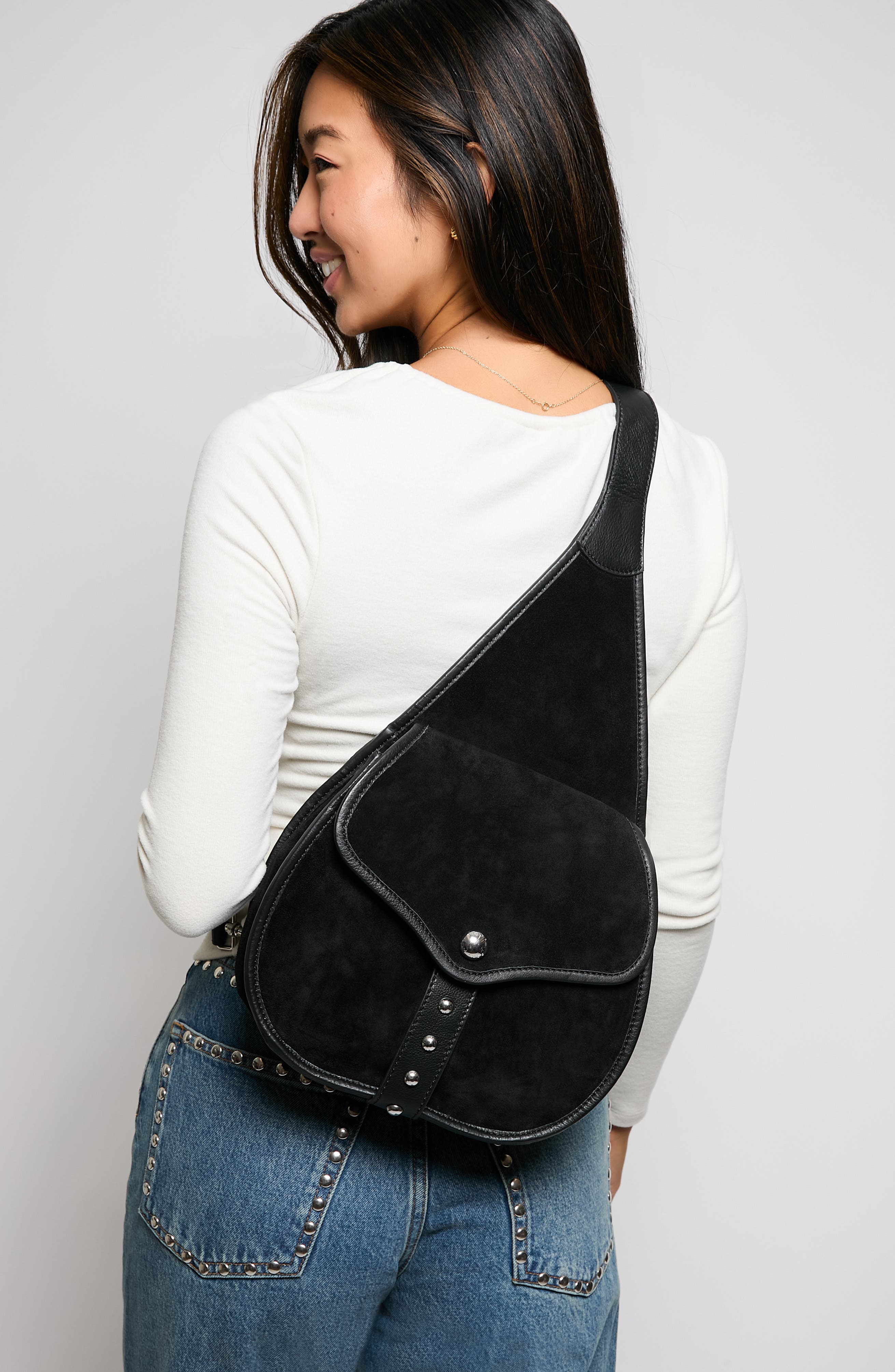 AIMEE Great Escape Leather Sling Bag, Alternate, color, Black Suede