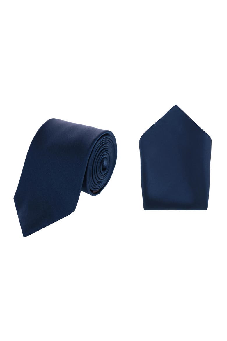Sutton Solid Color Silk Necktie and Pocket Square Combo, Main, color, Navy