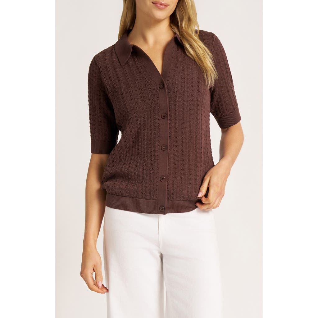 Matty M . Solana Pointelle Polo Cardigan In Brown