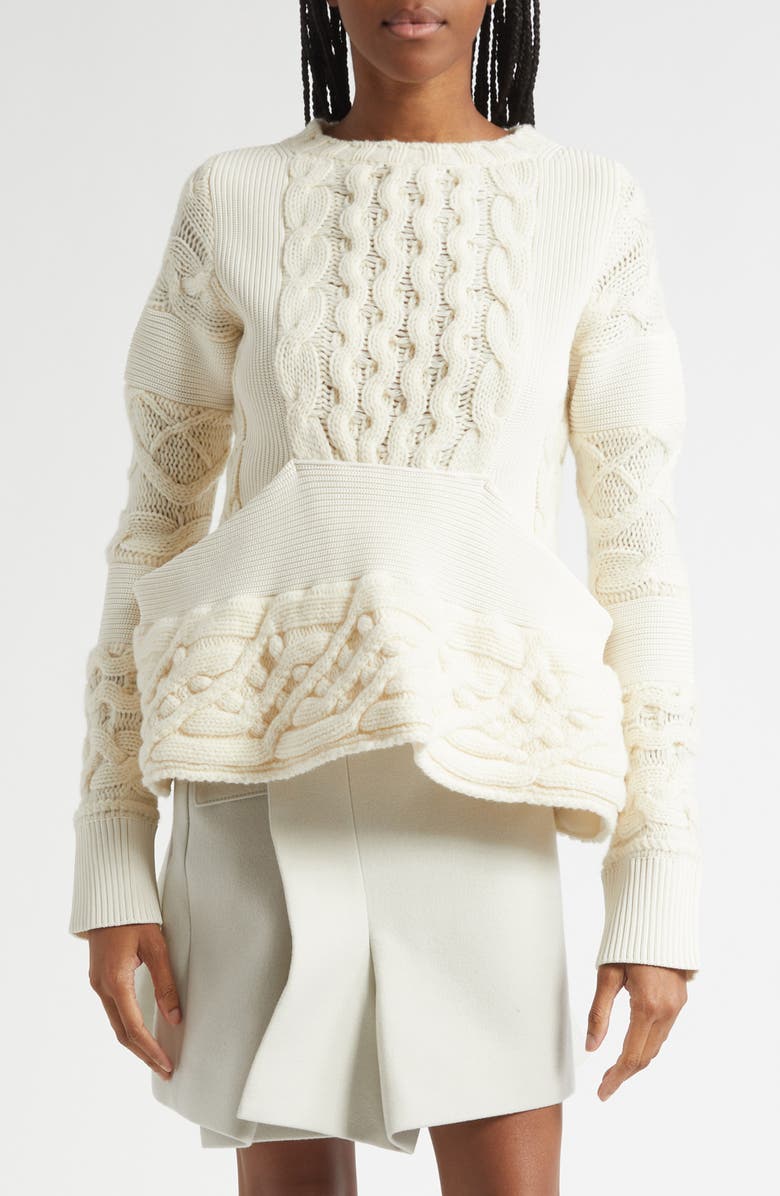 Sacai Cable Knit Peplum Sweater, Main, color, Off White