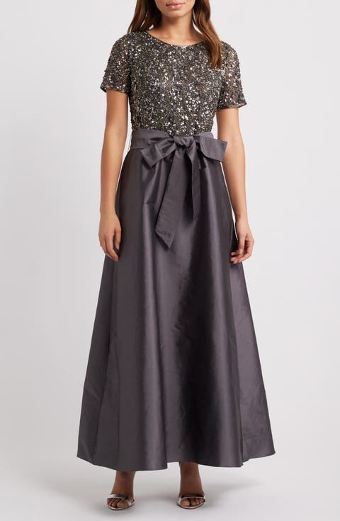 Beaded Bodice Mixed Media Gown