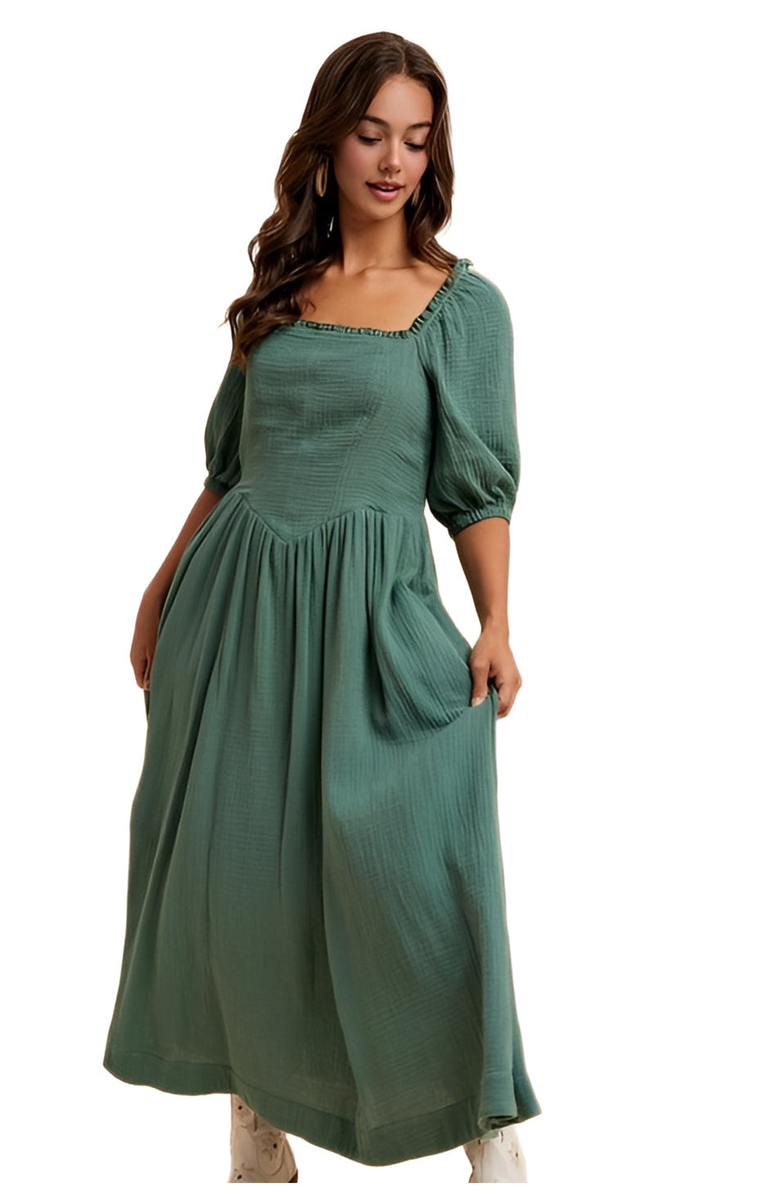 Knit and Lounge Square-Neck Puff Sleeve Midi Dress, Alternate, color, 