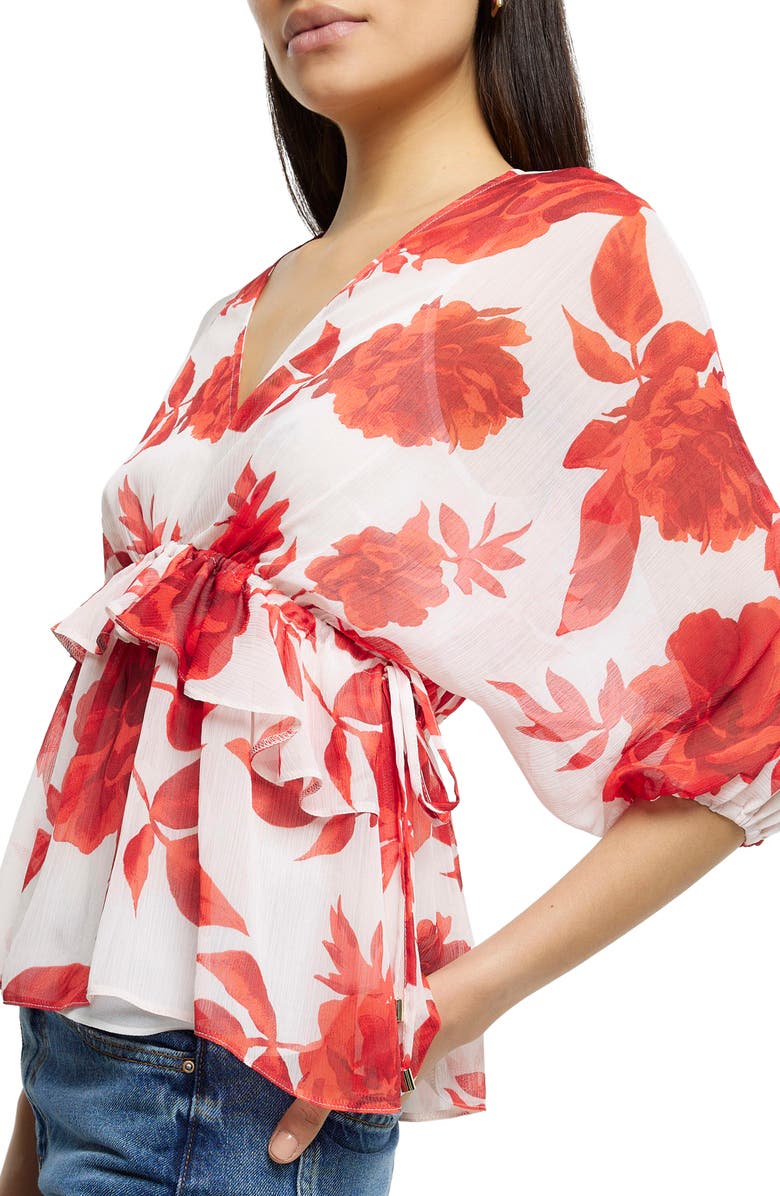 River Island Floral Ruffle Drawstring Waist Peplum Blouse, Alternate, color,