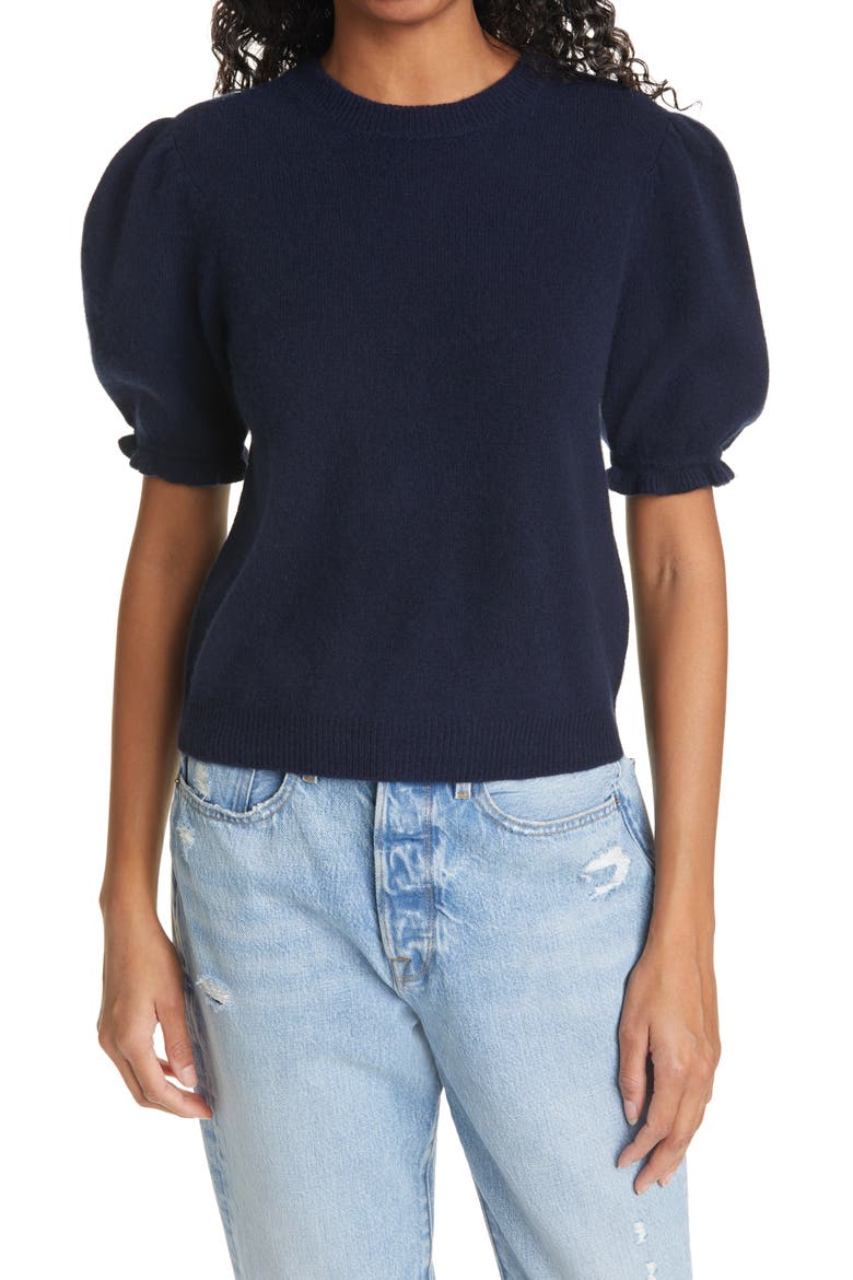 Ruffle Puff Sleeve Recycled Cashmere Sweater, Main, color, NAVY