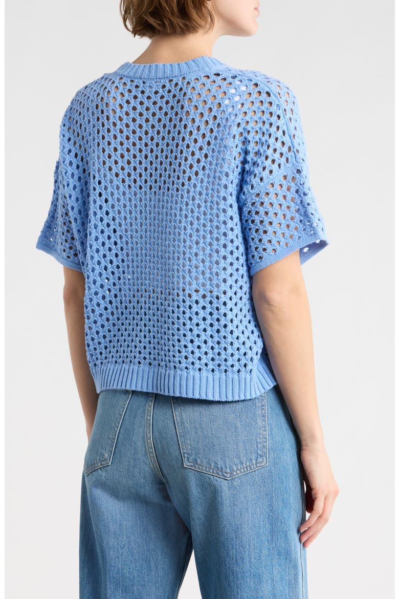 Nina Pointelle Short Sleeve Cardigan, Alternate, color, STEEL BLUE