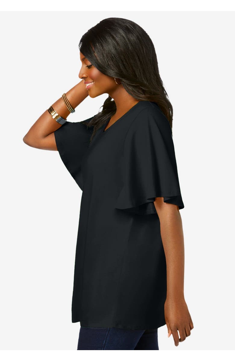 Jessica London Stretch Knit Flutter Sleeve Tunic, Alternate, color, Black